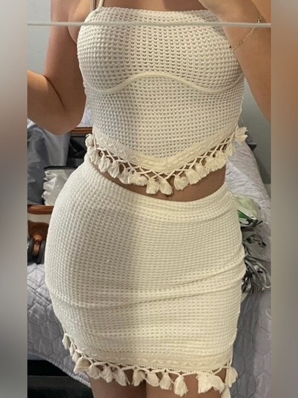 Women's Cream Crochet Tassel Mini Skirt - Stylish Summer Knit